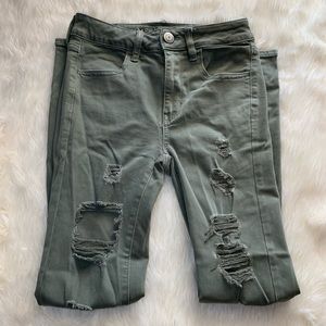 American Eagle Army Green Distressed Skinny Jeans